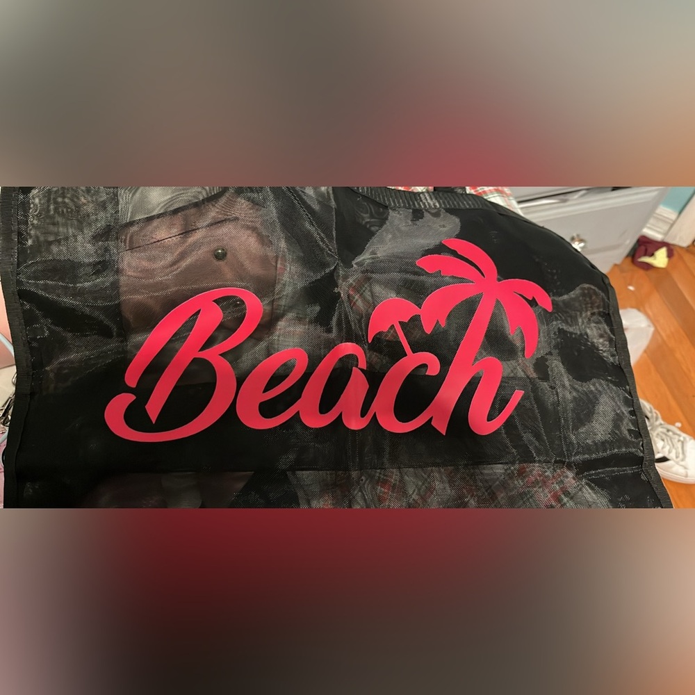 Black Mesh Beach Bag with Pink Print